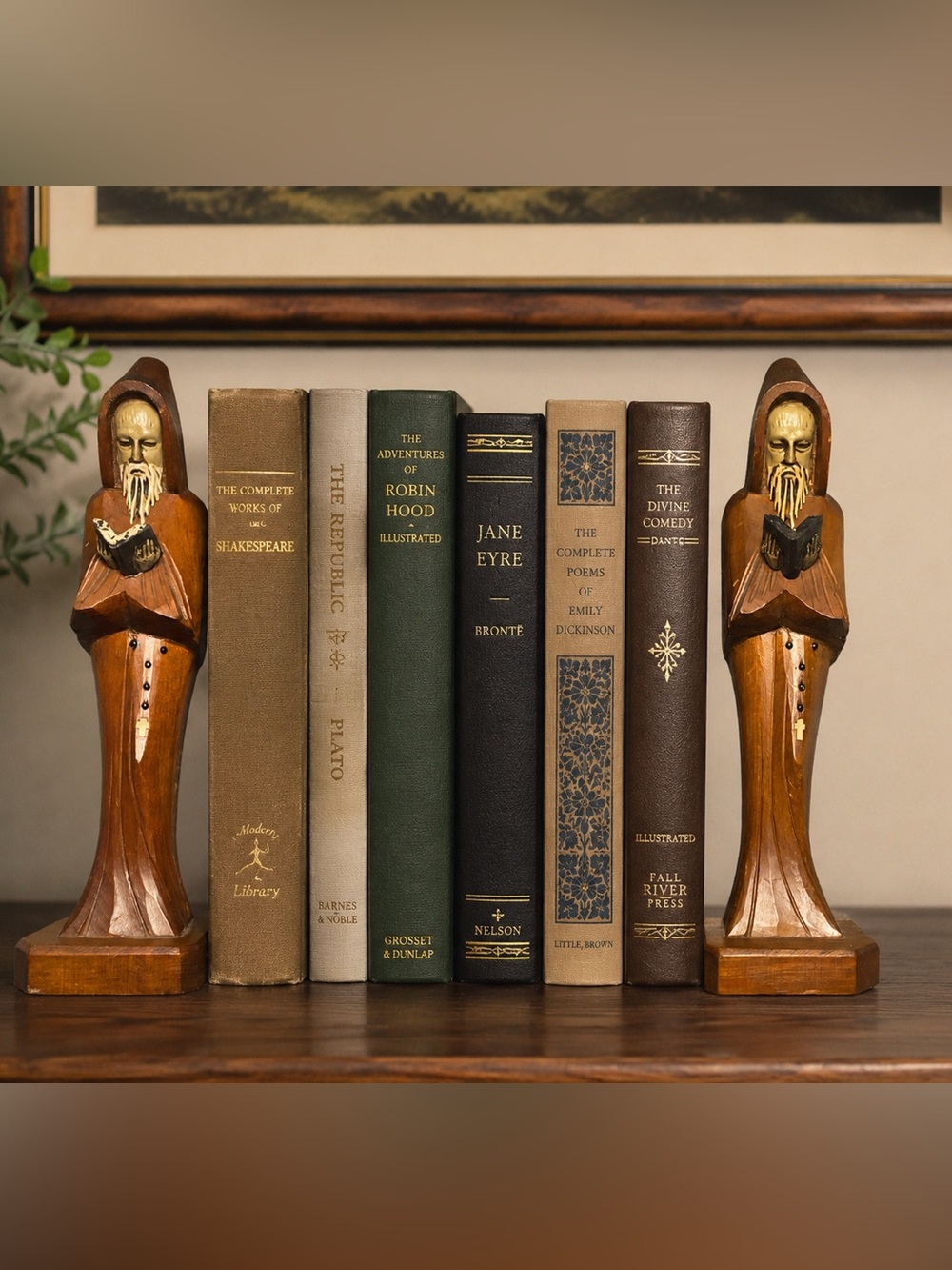 Vtg Hand Carved Mexican Monk Friar Wood Bookends Pair Religious Folk Art 11 1/2